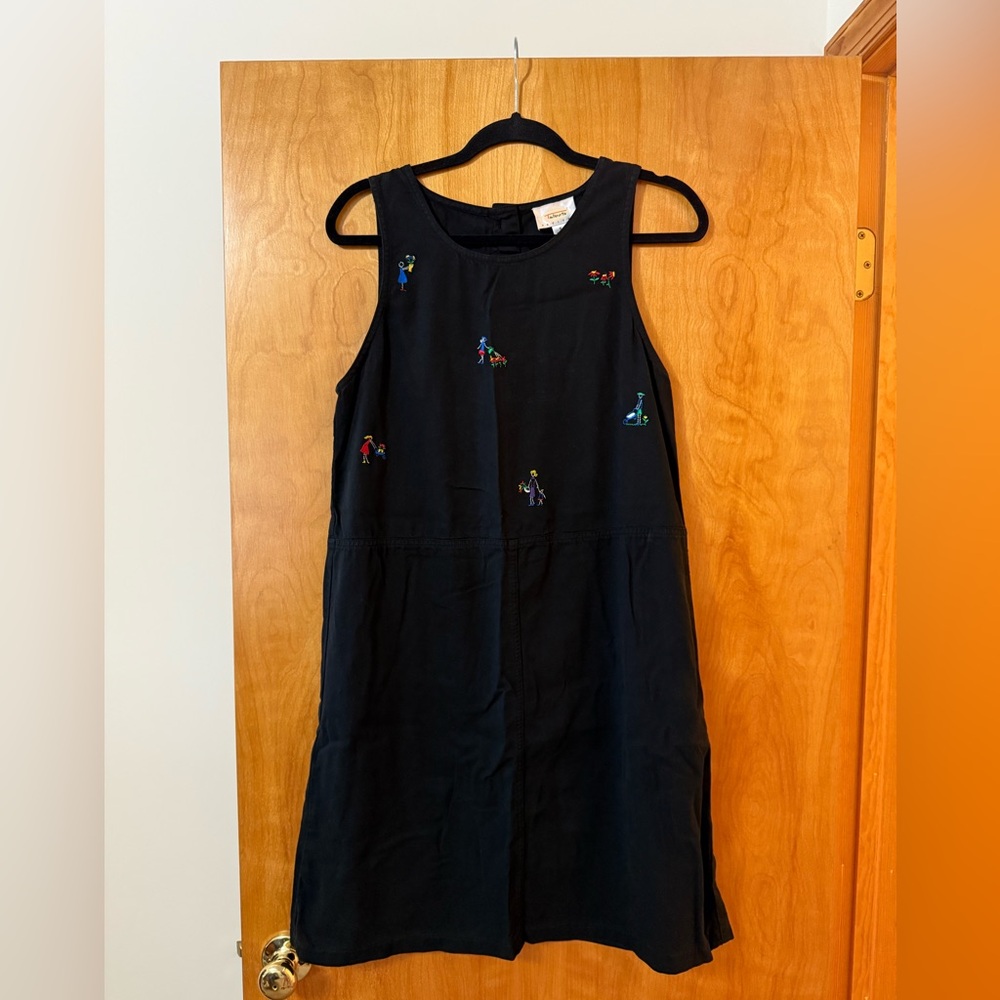 Talbots Sleeveless Jumper Dress Black Embroidered Gardening Vintage Petite Small